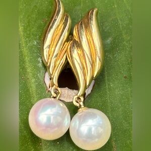 18KT real solid YG yellow gold Mikimoto Akoya pearl dangle screw back earrings